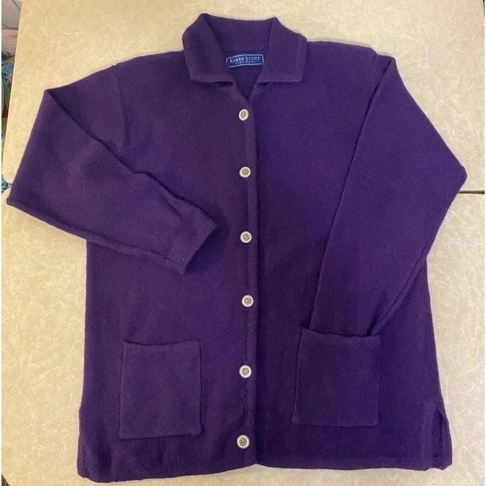 Karen Scott Pure Wool Purple sweater cardigan shoulder pads buttons Size L